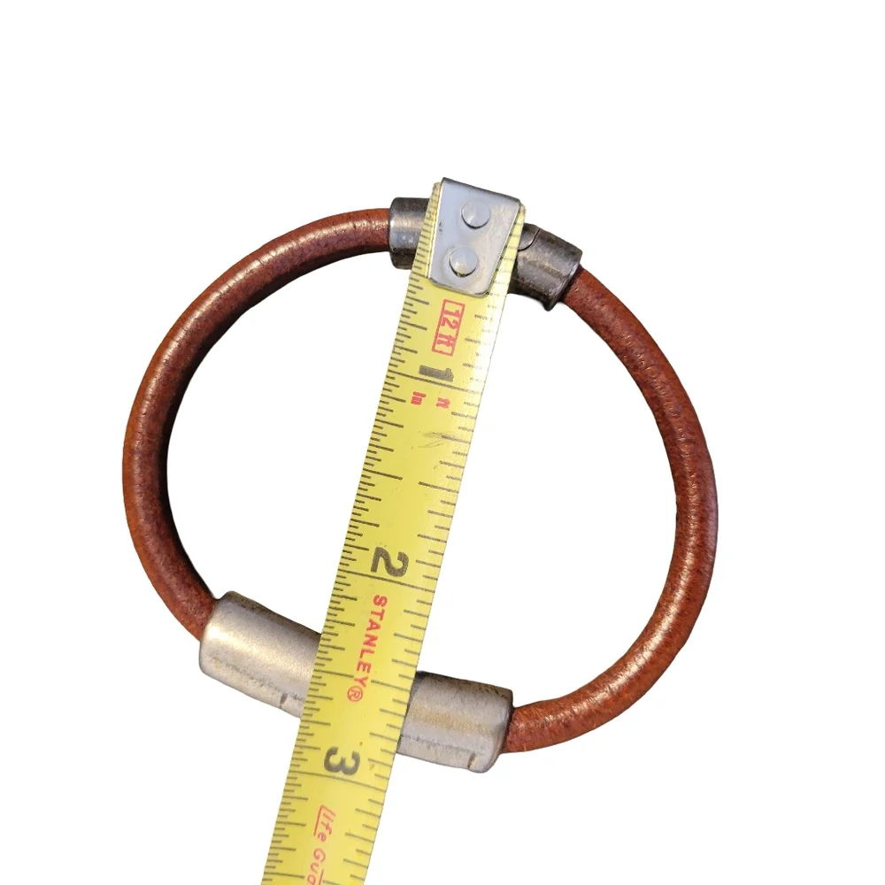 Brown Leather Greek Key Meander Magnetic Closure Cuff Bracelet OS